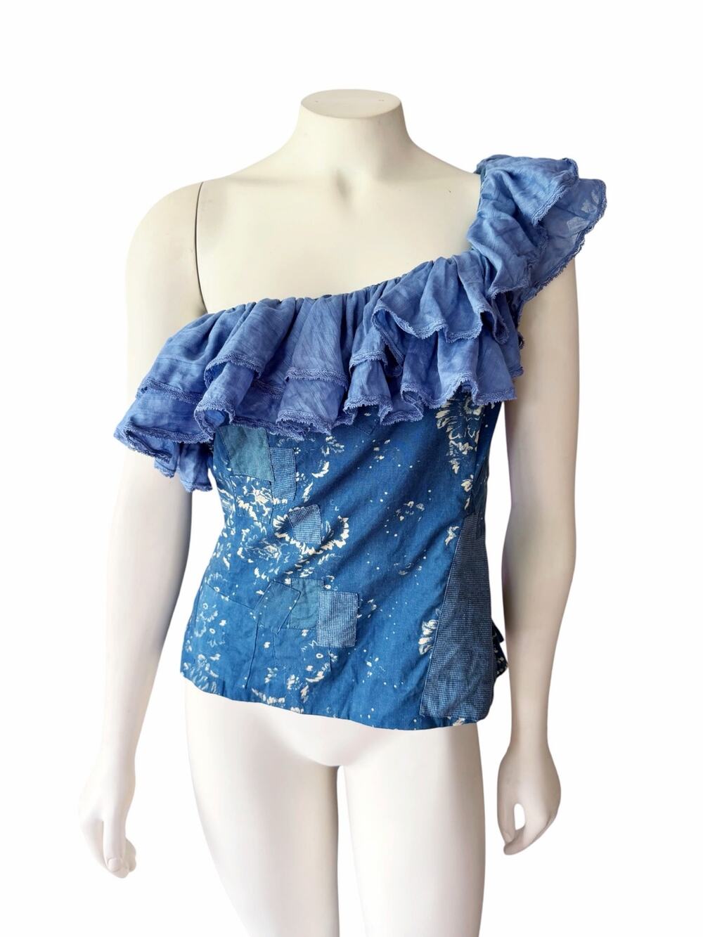 Ralph Lauren One Shoulder Ruffle Top Floral Patchwork Denim Lace Up Corset Blue